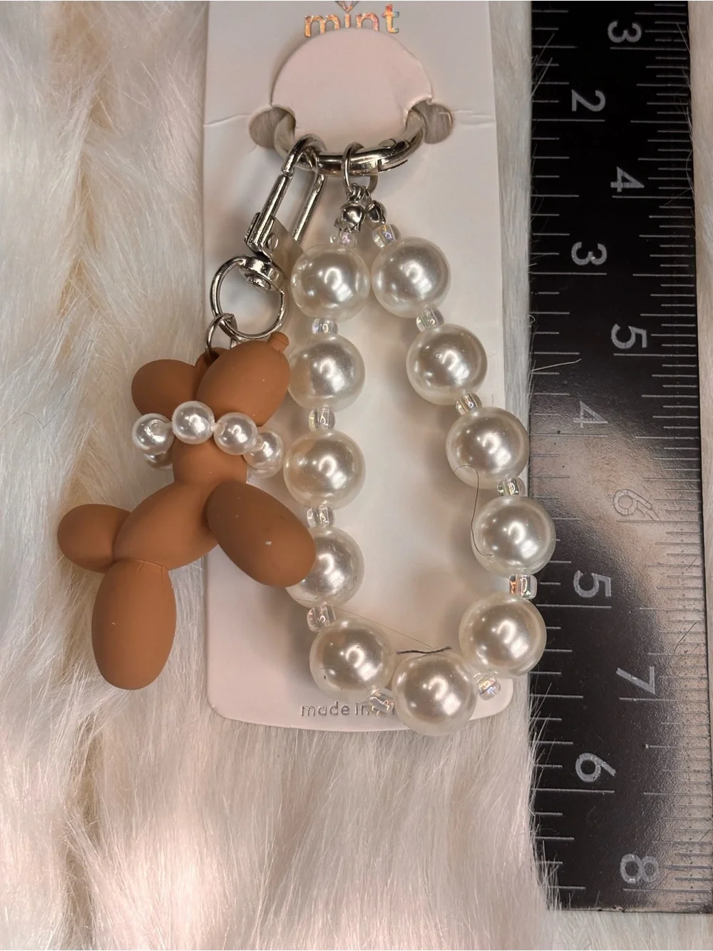 Balloon Dog Pearl Beaded Keychain Purse Charm Brown & Silver Tone